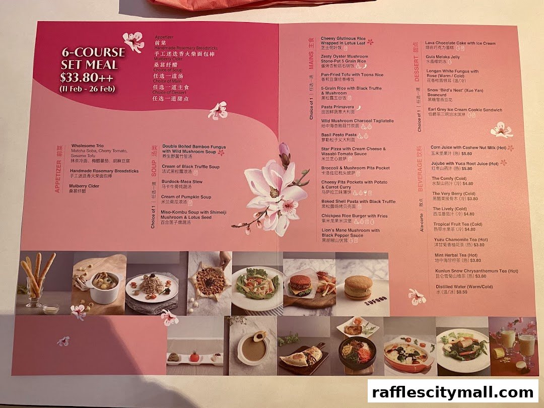 A menu for Sufood featuring a 6-course set meal with various appetizer, soup, main, dessert, and beverage options.