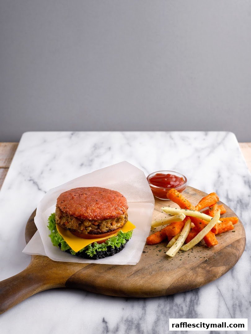 A delicious plant-based burger with fries and ketchup on a wooden board.