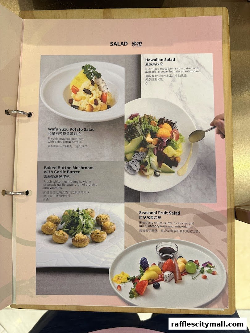 A menu page showcasing various salads and mushroom dishes with appealing food photography.