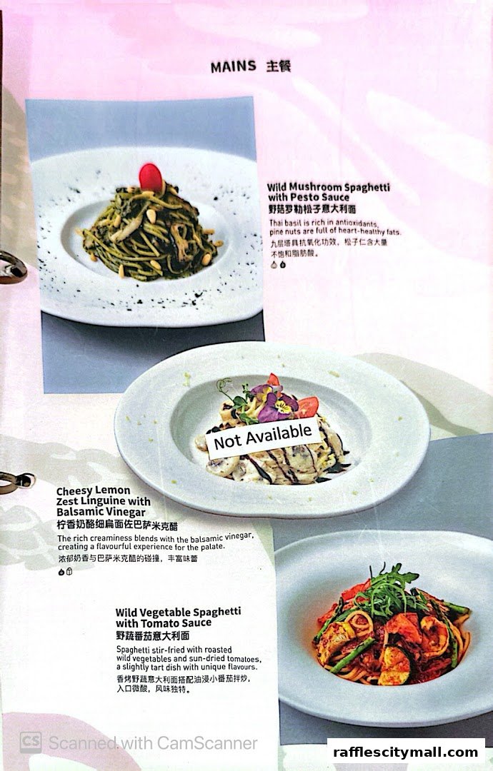A menu page showcasing three pasta dishes with accompanying descriptions and images.