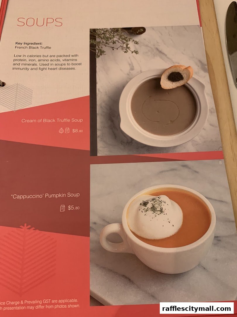 A menu page showcasing two gourmet soup options with enticing descriptions and prices.