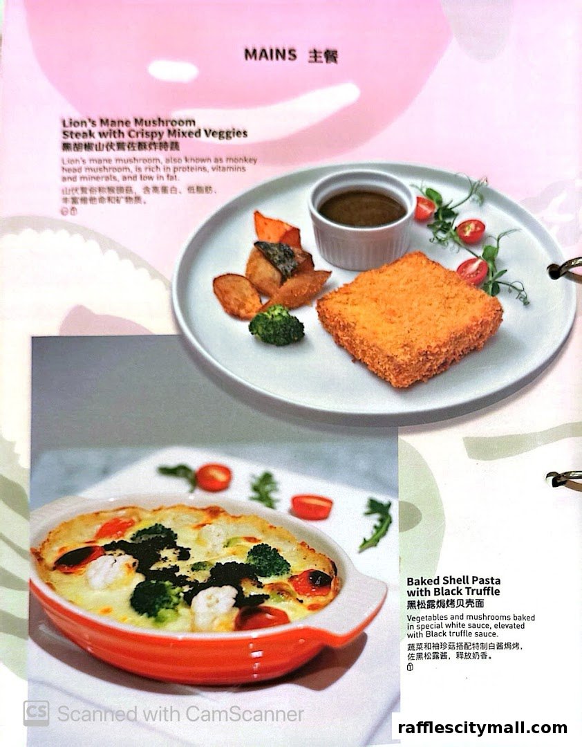 A menu featuring Lion's Mane Mushroom Steak and Baked Shell Pasta with Black Truffle.