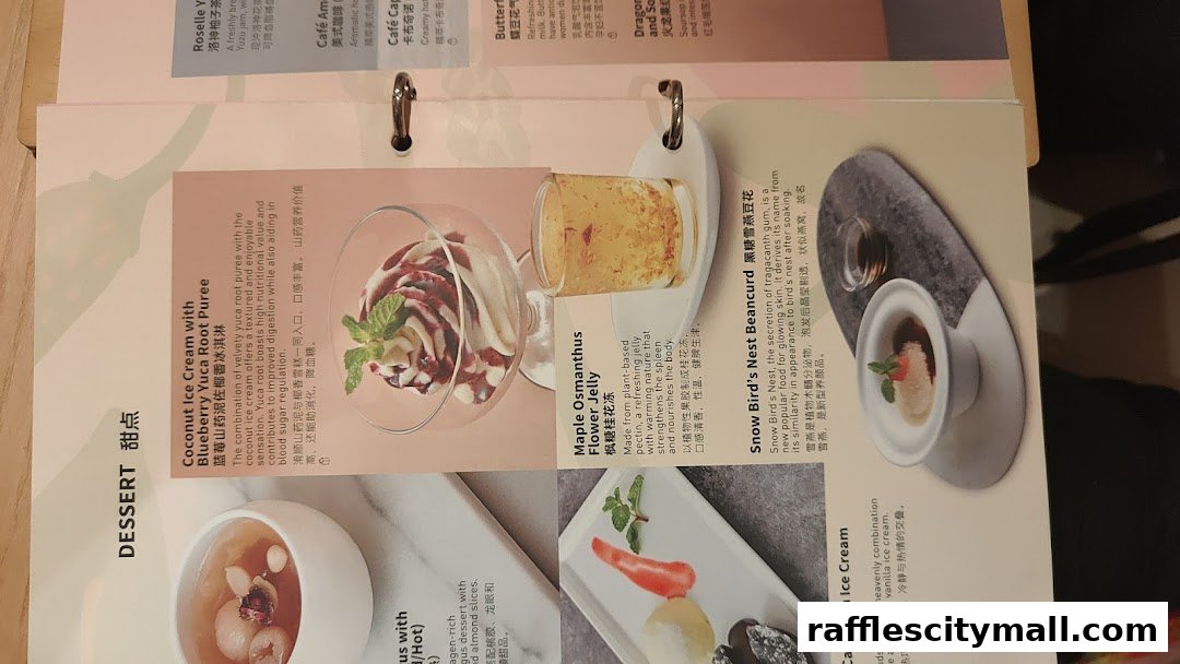 A menu featuring desserts like coconut ice cream, flower jelly, and snow bird's nest beancurd.