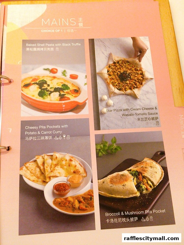 A menu page showcasing four main dishes with appetizing food photography.