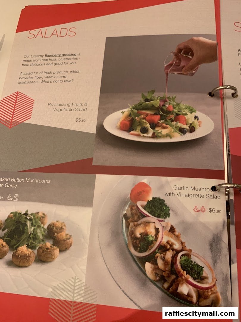 A menu page featuring salads and mushroom dishes with enticing descriptions and prices.