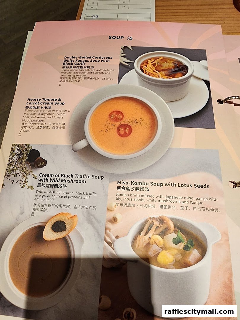 A menu page showcasing four different soup options with descriptions and images.