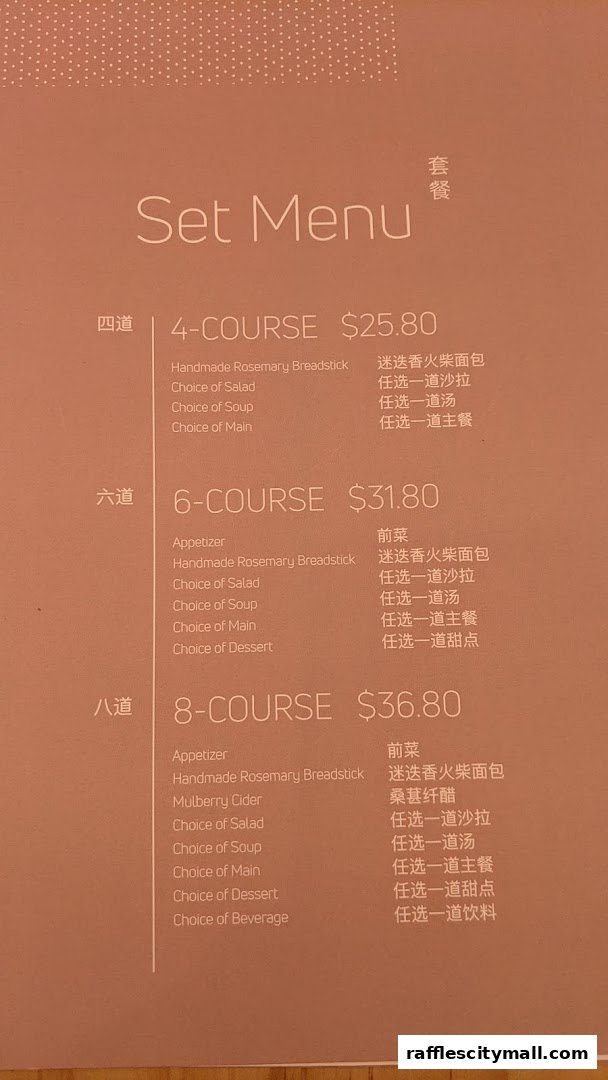 A menu for Sufood offering 4, 6, and 8-course set meals with various choices.