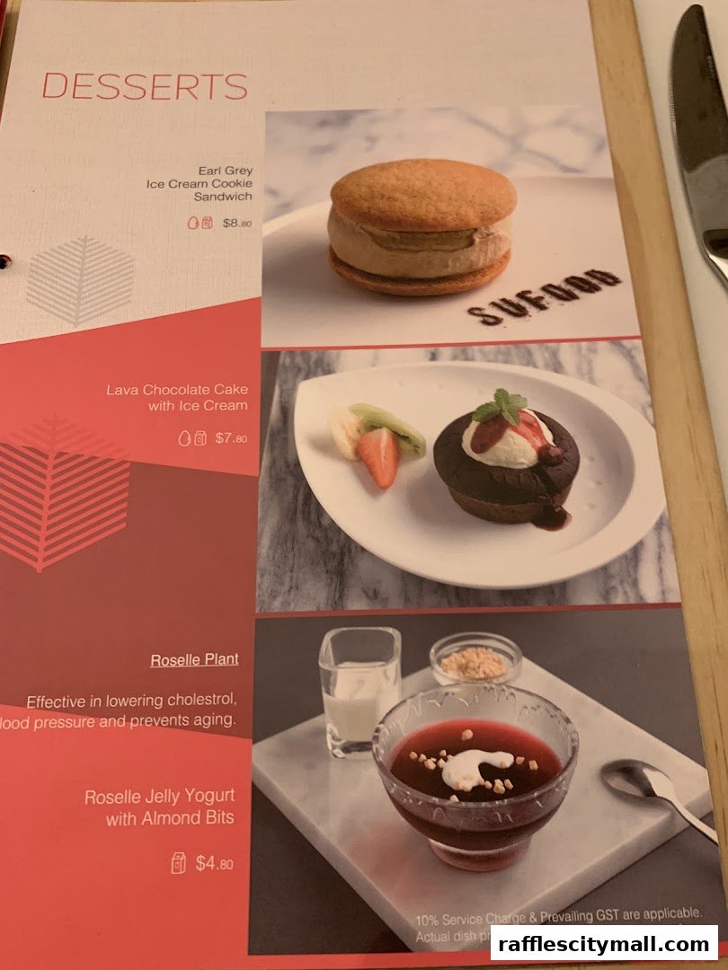 A menu page showcasing desserts from Sufood, featuring an ice cream sandwich, lava cake, and roselle jelly yogurt.