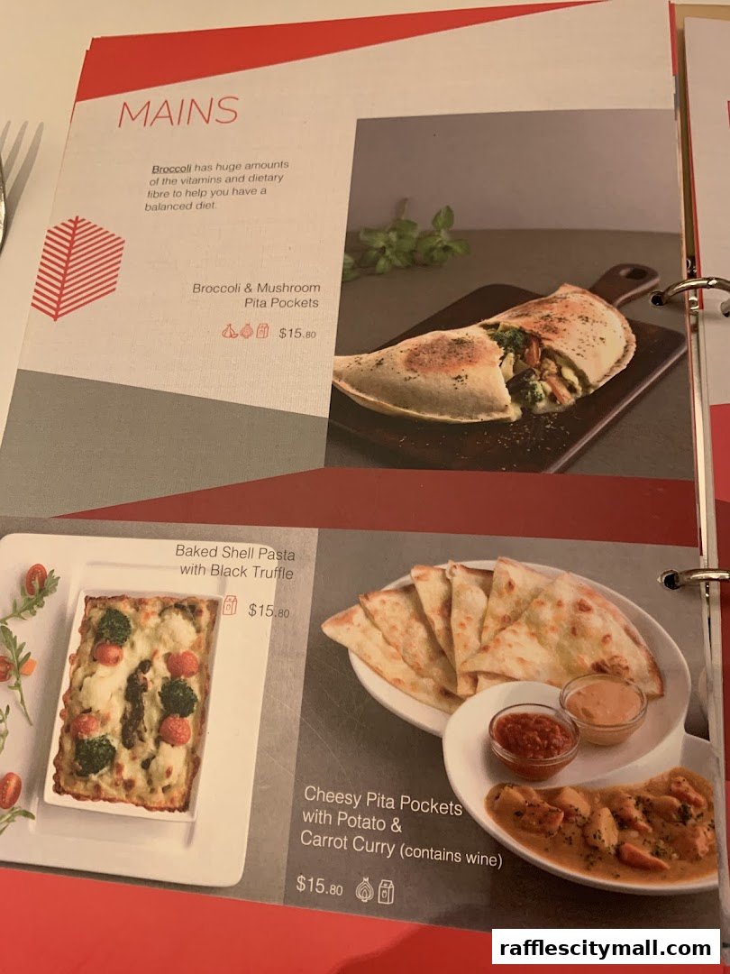 A menu page from Sufood featuring mains like Broccoli & Mushroom Pita Pockets and Baked Shell Pasta.
