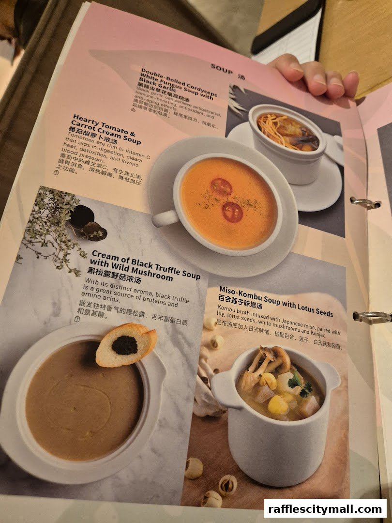 A menu page showcasing various gourmet soups with enticing descriptions and images.