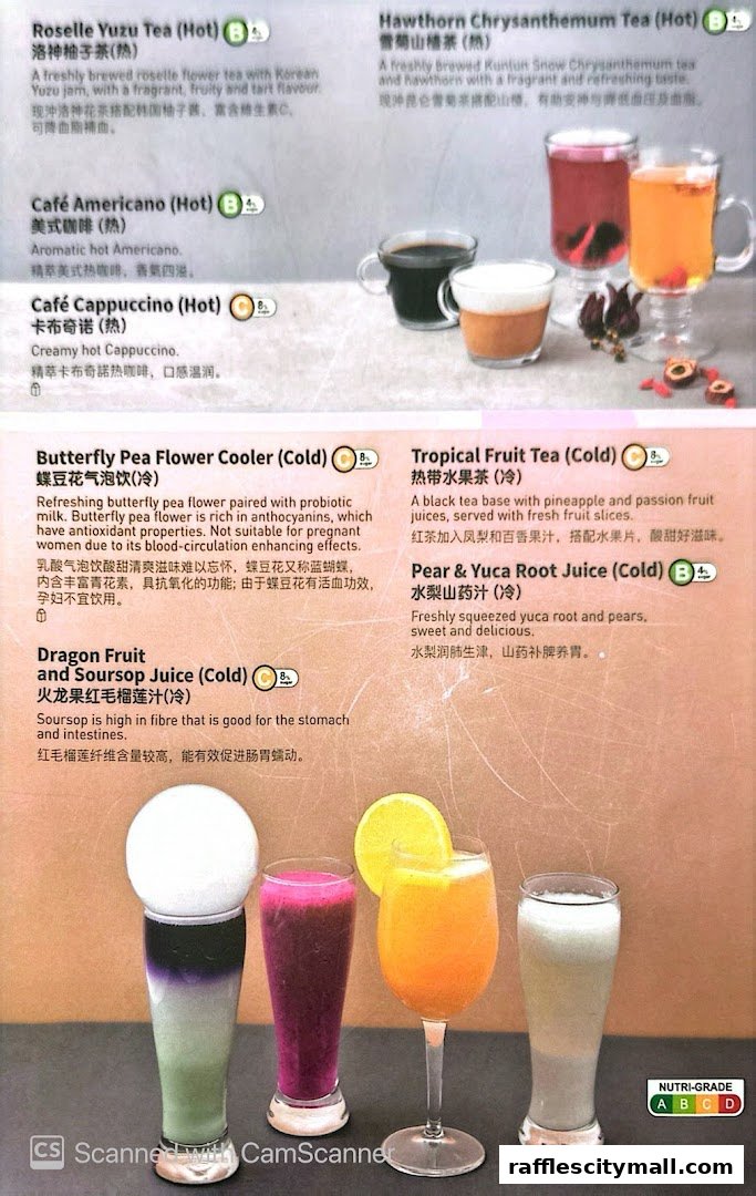 A menu from Sufood showcasing various hot and cold beverages with descriptions and nutritional grades.