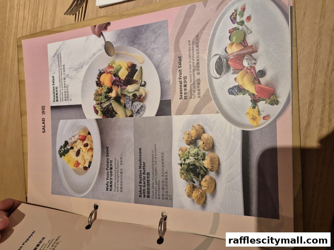 A menu page from Sufood featuring salads and mushroom dishes with appealing food photography.