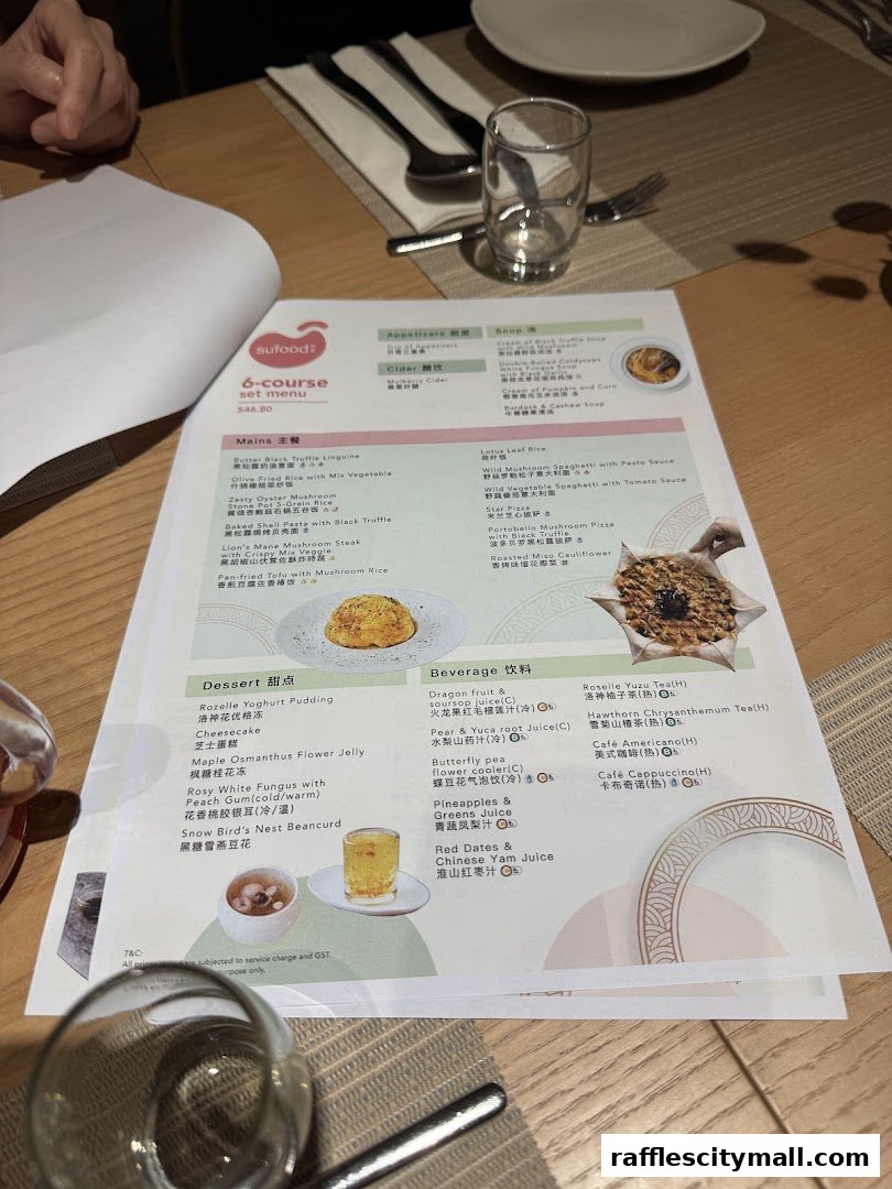 A Sufood 6-course set menu with various dishes and beverages listed.