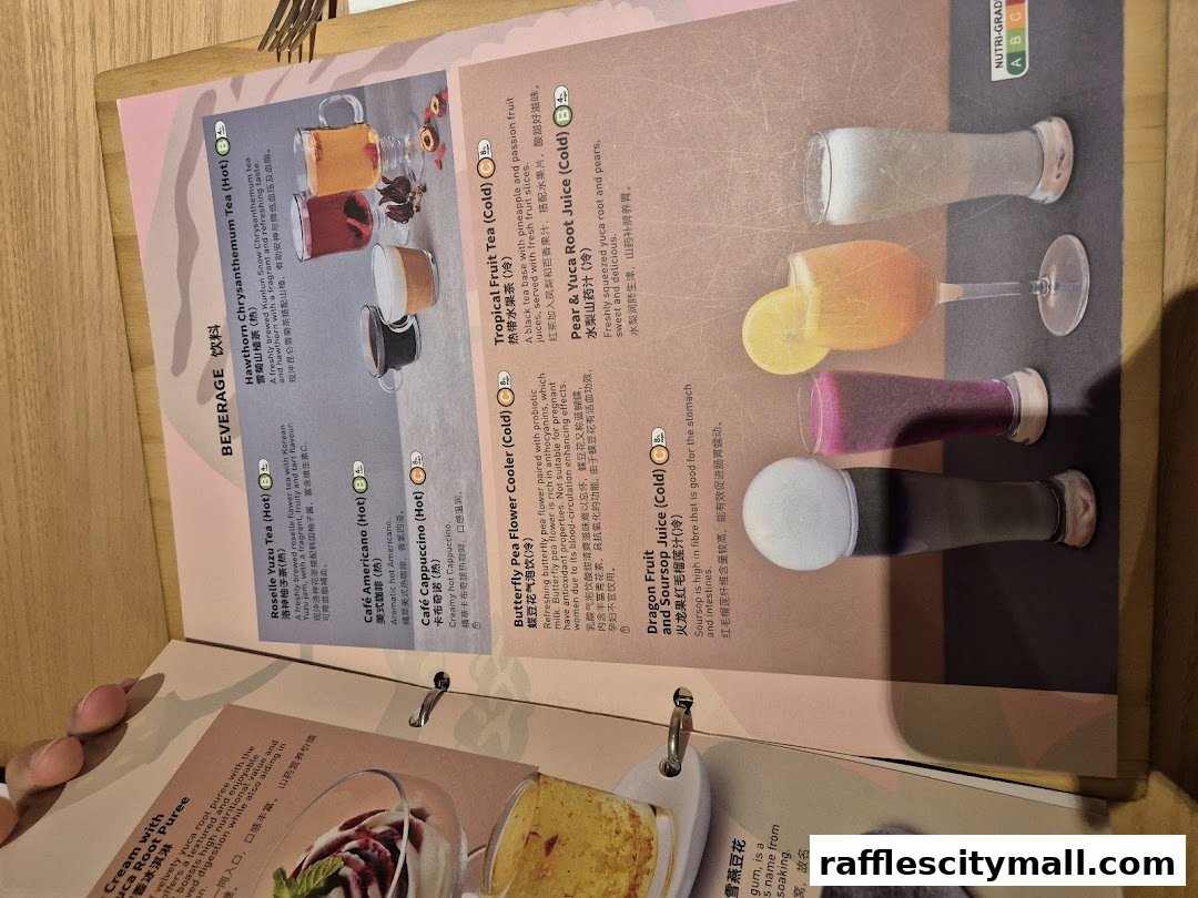A menu page from Sufood featuring beverages like teas, coffee, and juices with appealing images.