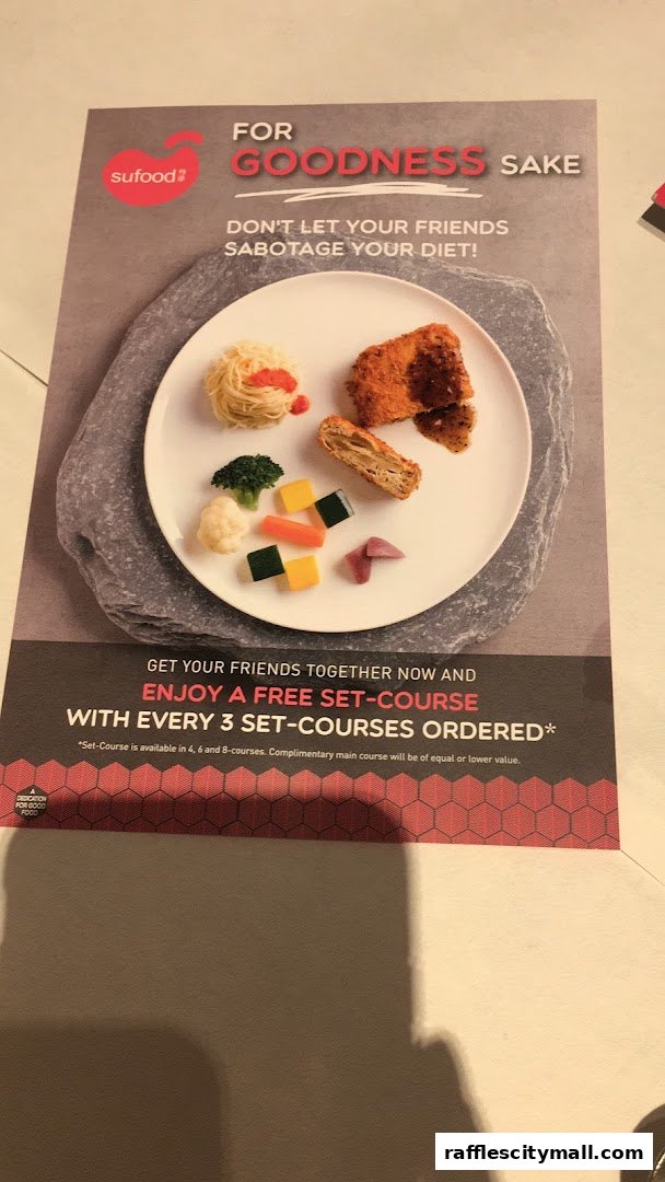 A promotional flyer for Sufood featuring a plate of food and a special offer.