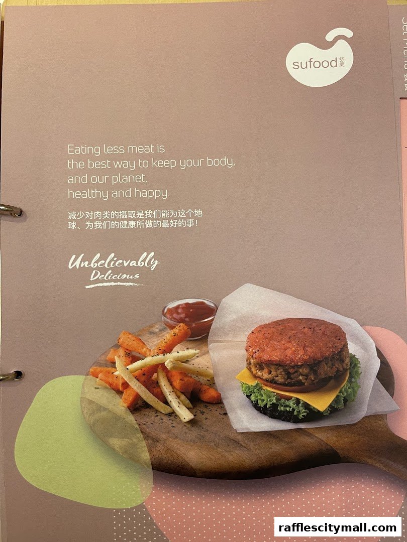 A menu page from Sufood featuring a plant-based burger and fries with a message about healthy eating.