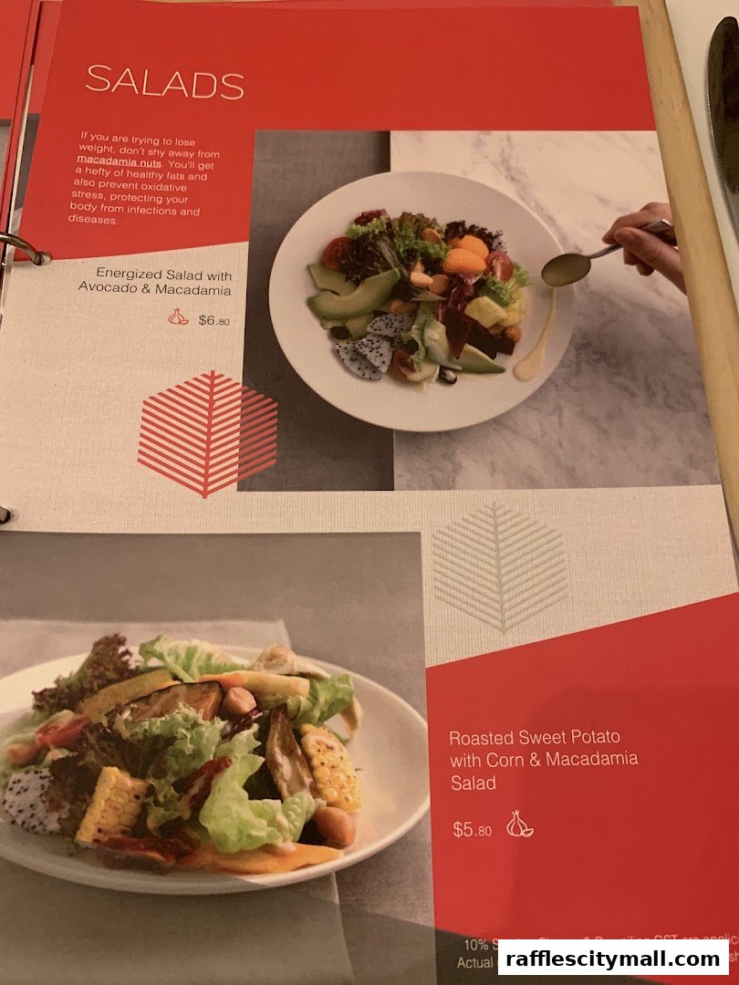 A menu page showcasing two salad dishes with prices and descriptions.