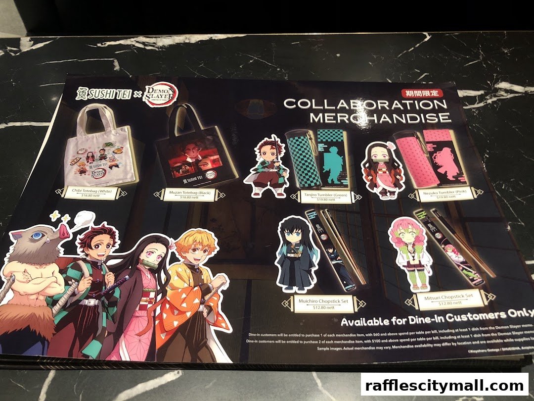 A promotional flyer for Sushi Tei's Demon Slayer collaboration merchandise.