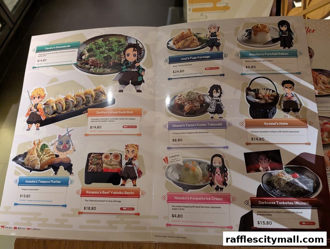 A menu from Sushi Tei featuring various Japanese dishes with anime character illustrations.