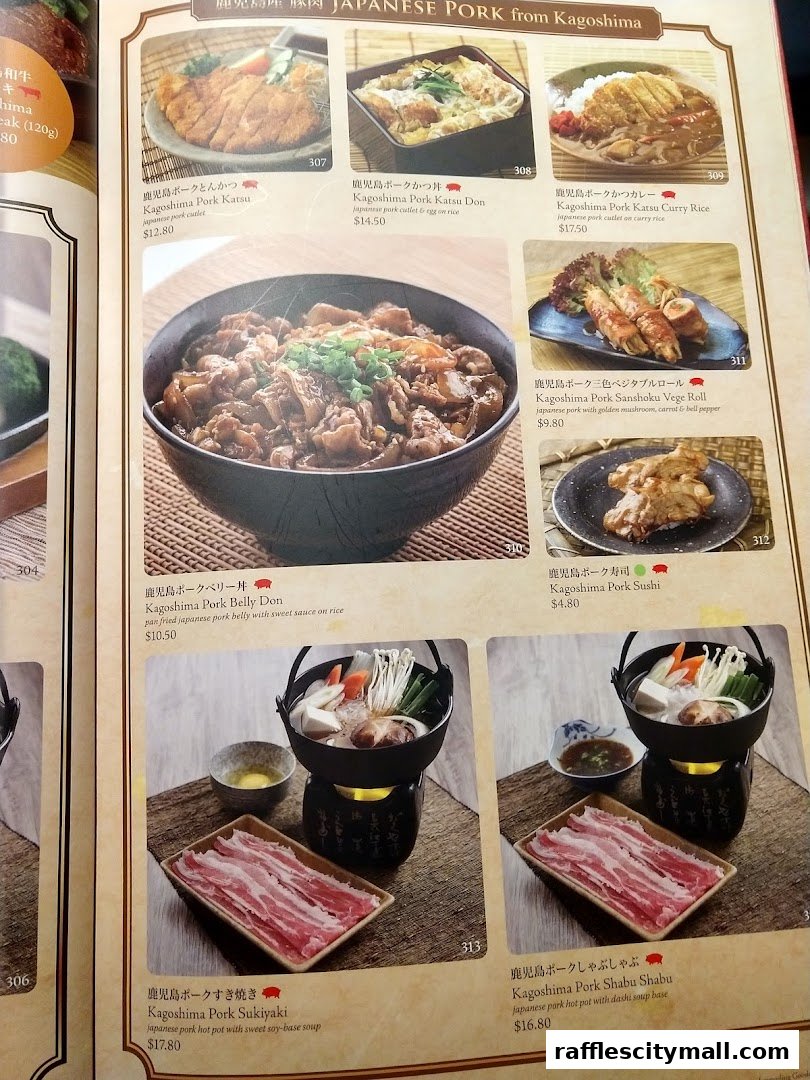 A menu page showcasing various Japanese pork dishes from Kagoshima, including katsu, donburi, and hot pot.