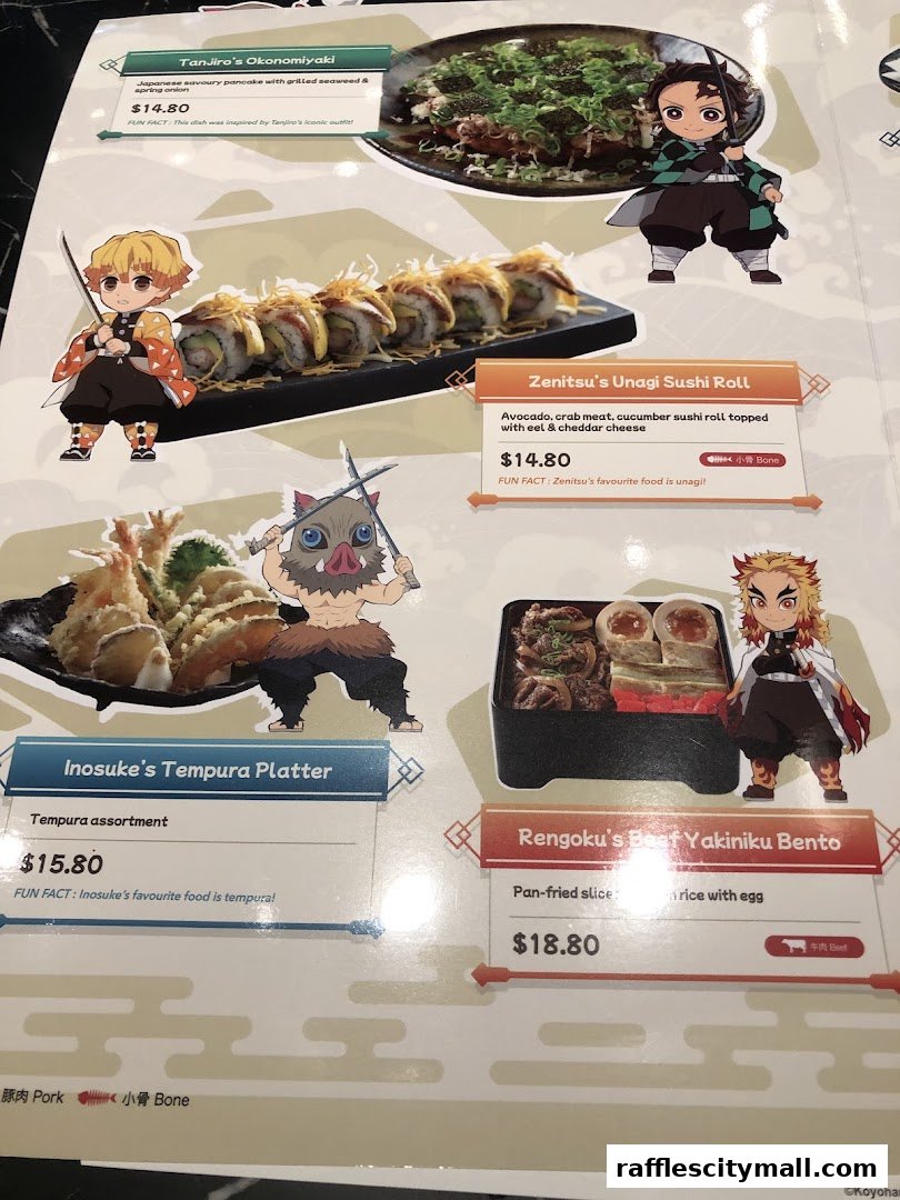 A menu from Sushi Tei featuring anime-themed dishes like Tanjiro's Okonomiyaki and Zenitsu's Unagi Sushi Roll.