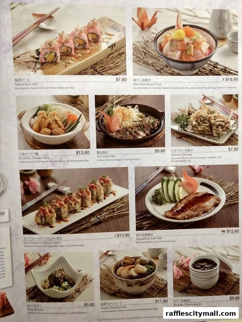 A menu page from Sushi Tei featuring various Japanese dishes with accompanying images and prices.