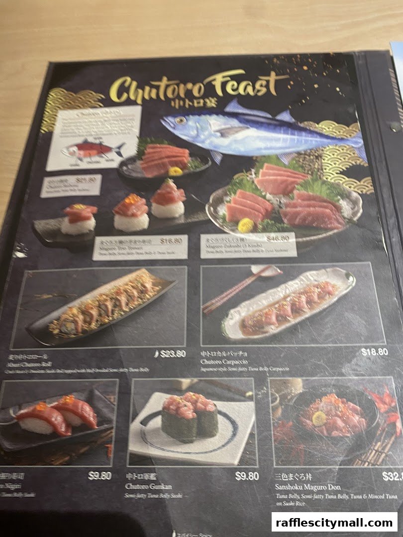 A menu featuring a 'Chutoro Feast' with various tuna dishes and sushi.