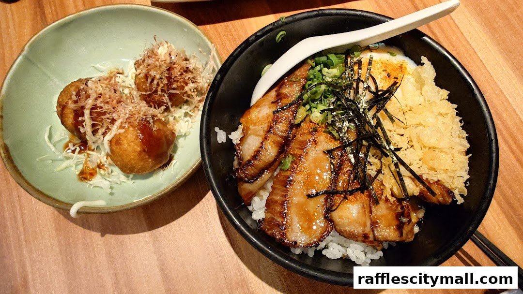 Two delicious Japanese dishes: takoyaki and a rice bowl with grilled pork and tempura.