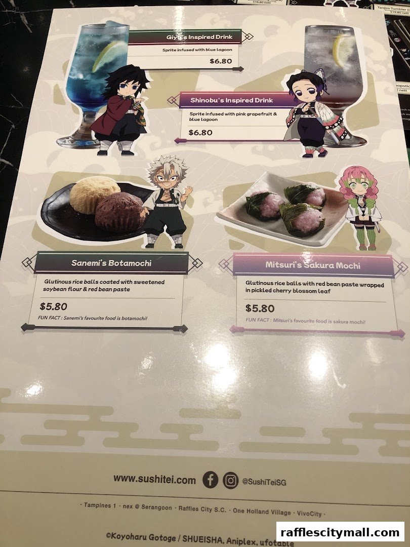 A menu from Sushi Tei featuring drinks and desserts inspired by anime characters.