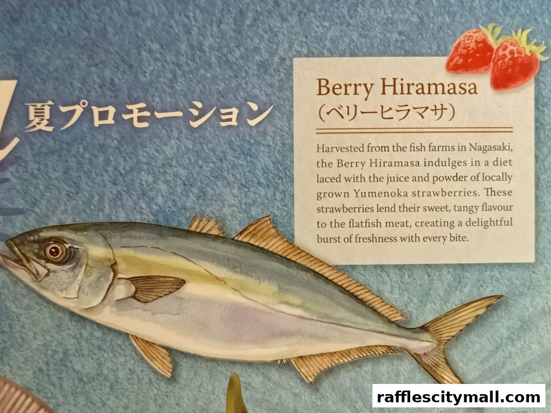 A promotional image featuring a fish and strawberries with Japanese text.