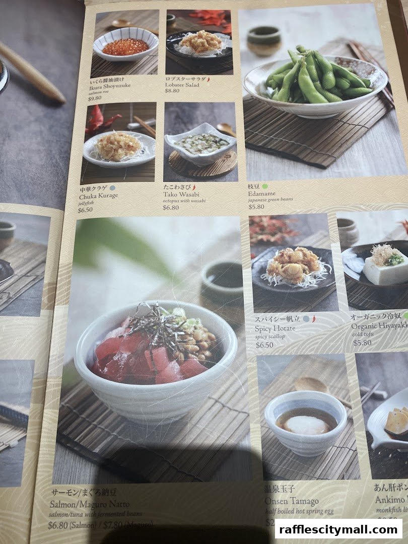A menu from Sushi Tei featuring various Japanese dishes with appetizing photos and descriptions.