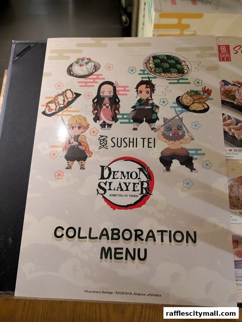 A collaboration menu for Sushi Tei featuring Demon Slayer characters and sushi dishes.