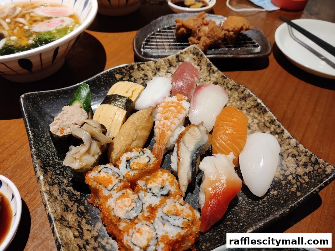 A platter of assorted sushi and rolls, with a bowl of udon noodles and fried chicken in the background.
