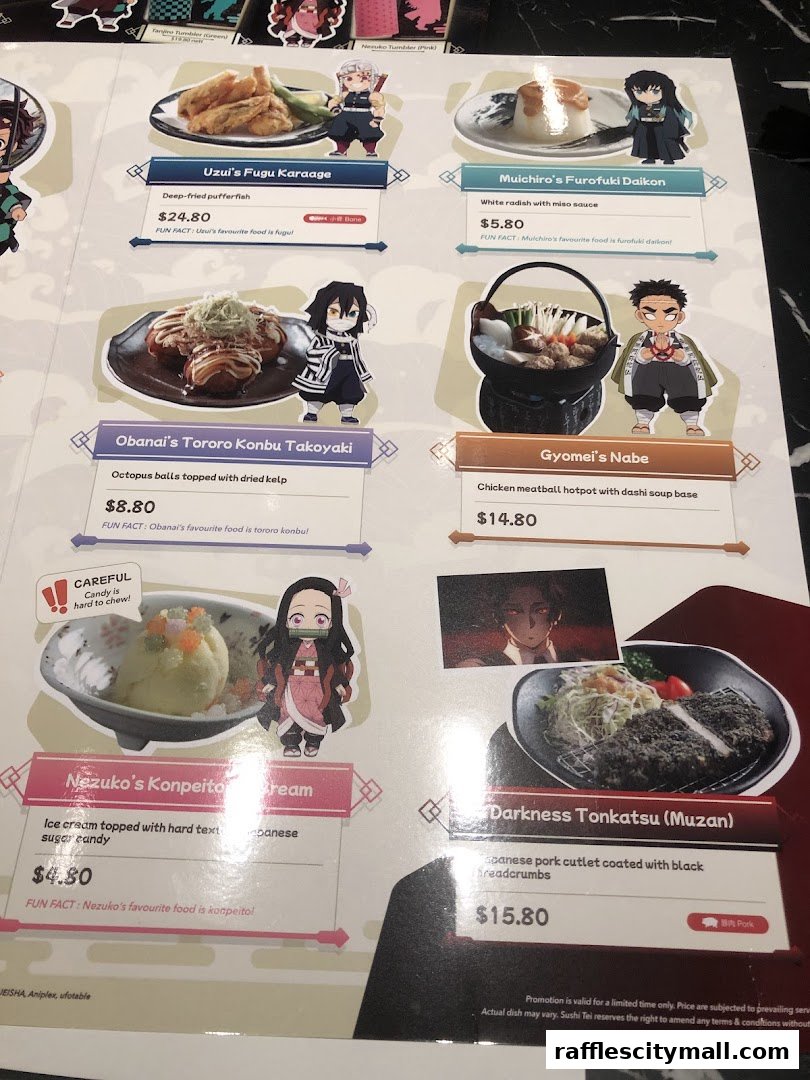 A menu featuring Japanese dishes inspired by anime characters with illustrations.