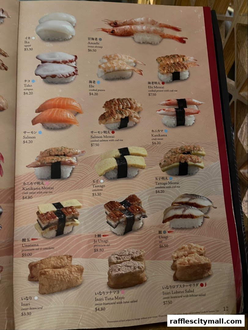 A menu page from Sushi Tei featuring various sushi and sashimi dishes with prices.
