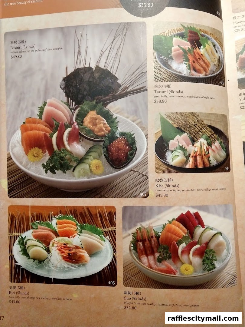 A menu page from Sushi Tei featuring various sashimi platters with descriptions and prices.