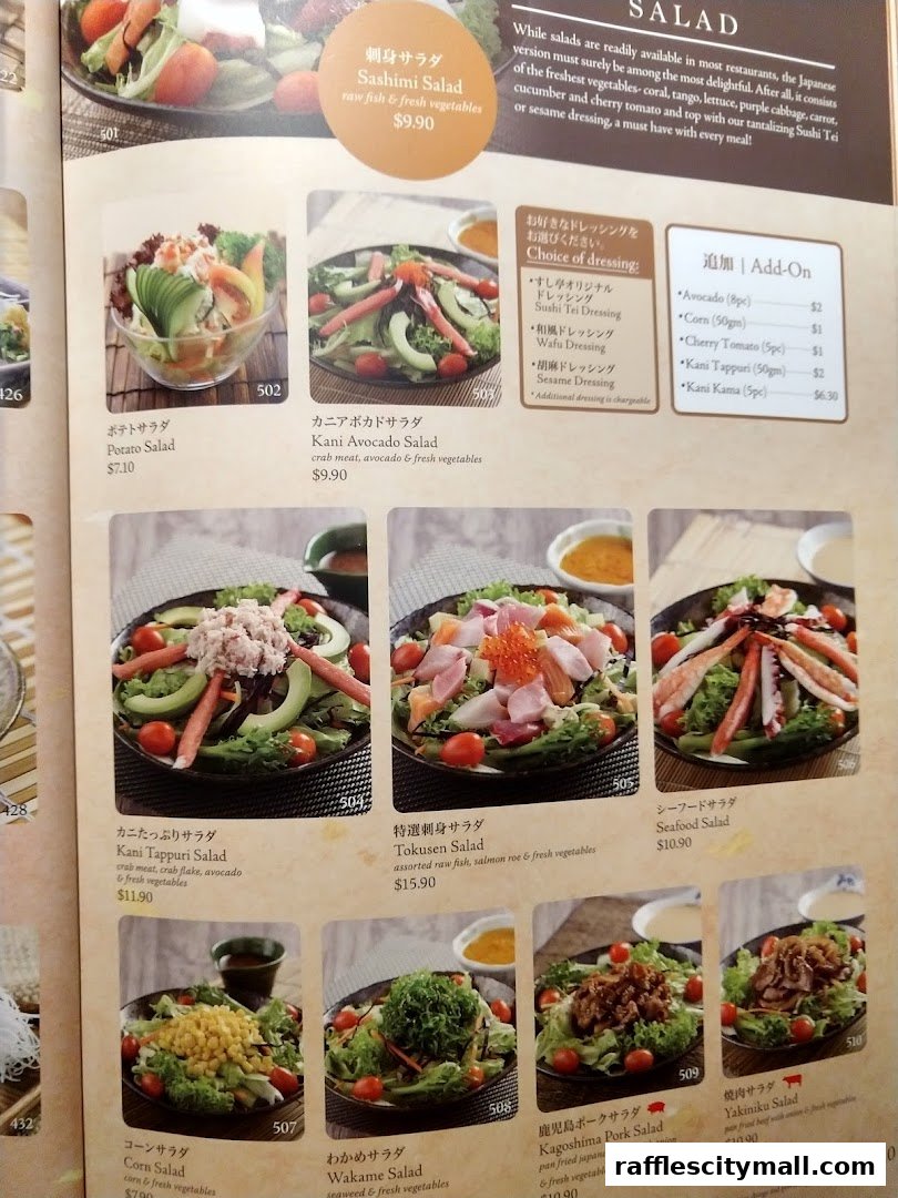 A menu page from Sushi Tei featuring various salads and their descriptions and prices.