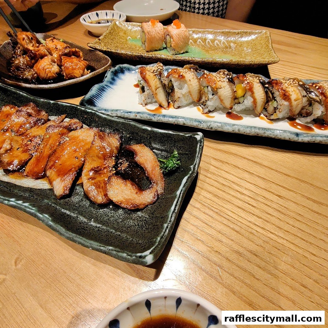 A table laden with various Japanese dishes, including sushi rolls and grilled meats.