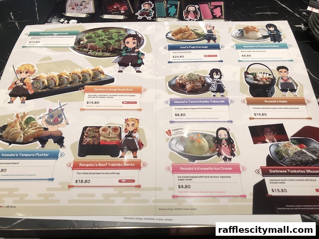A menu featuring Japanese dishes with characters from Demon Slayer.