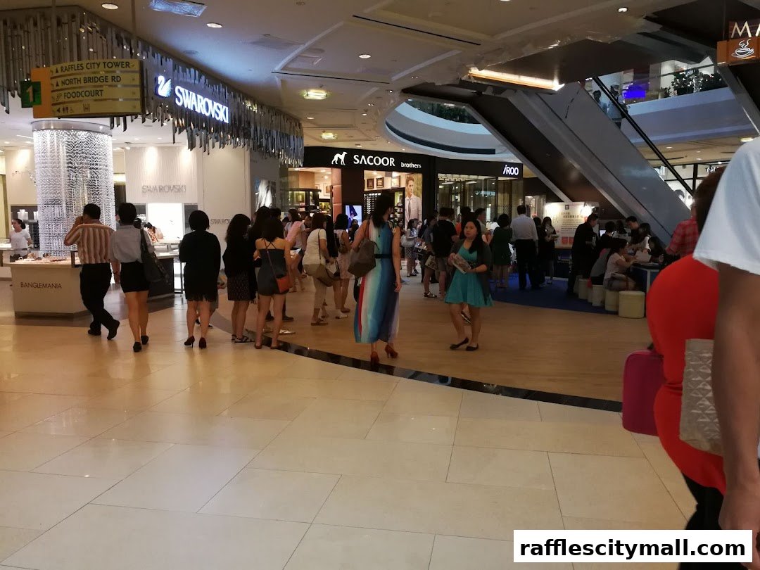 People walking inside a mall with a Swarovski store and other shops visible.