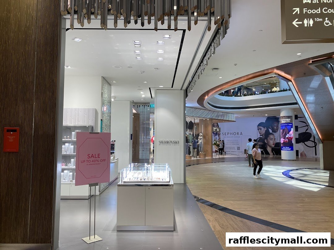 The entrance to a Swarovski store with a sale sign and display cases.