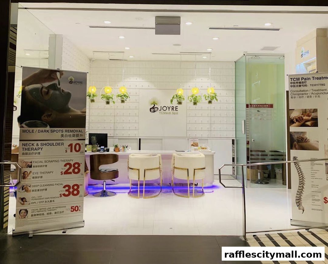 The entrance of a spa and wellness center with promotional banners and modern interior.