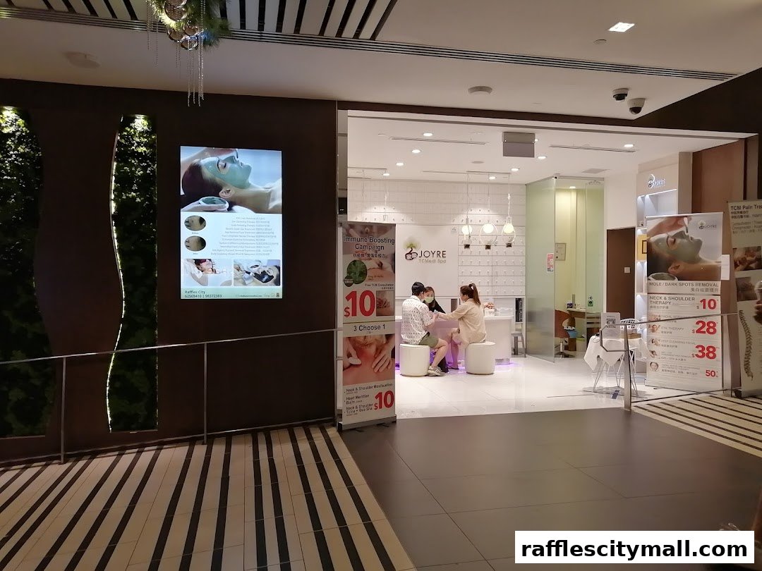 A beauty spa with customers at the reception and promotional posters outside.