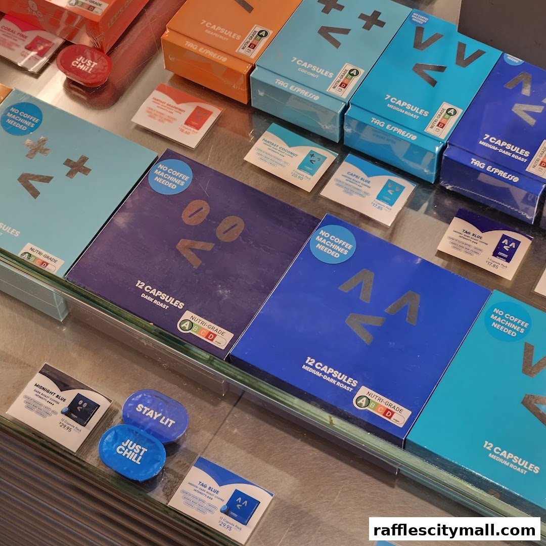 A display of coffee capsules in various flavors and packaging.