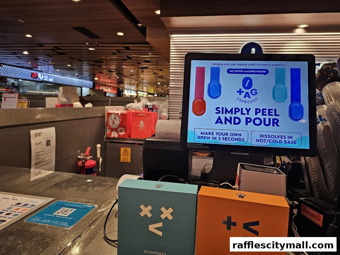 A counter display at TAG Espresso showing a 'Peel and Pour' coffee brewing method.
