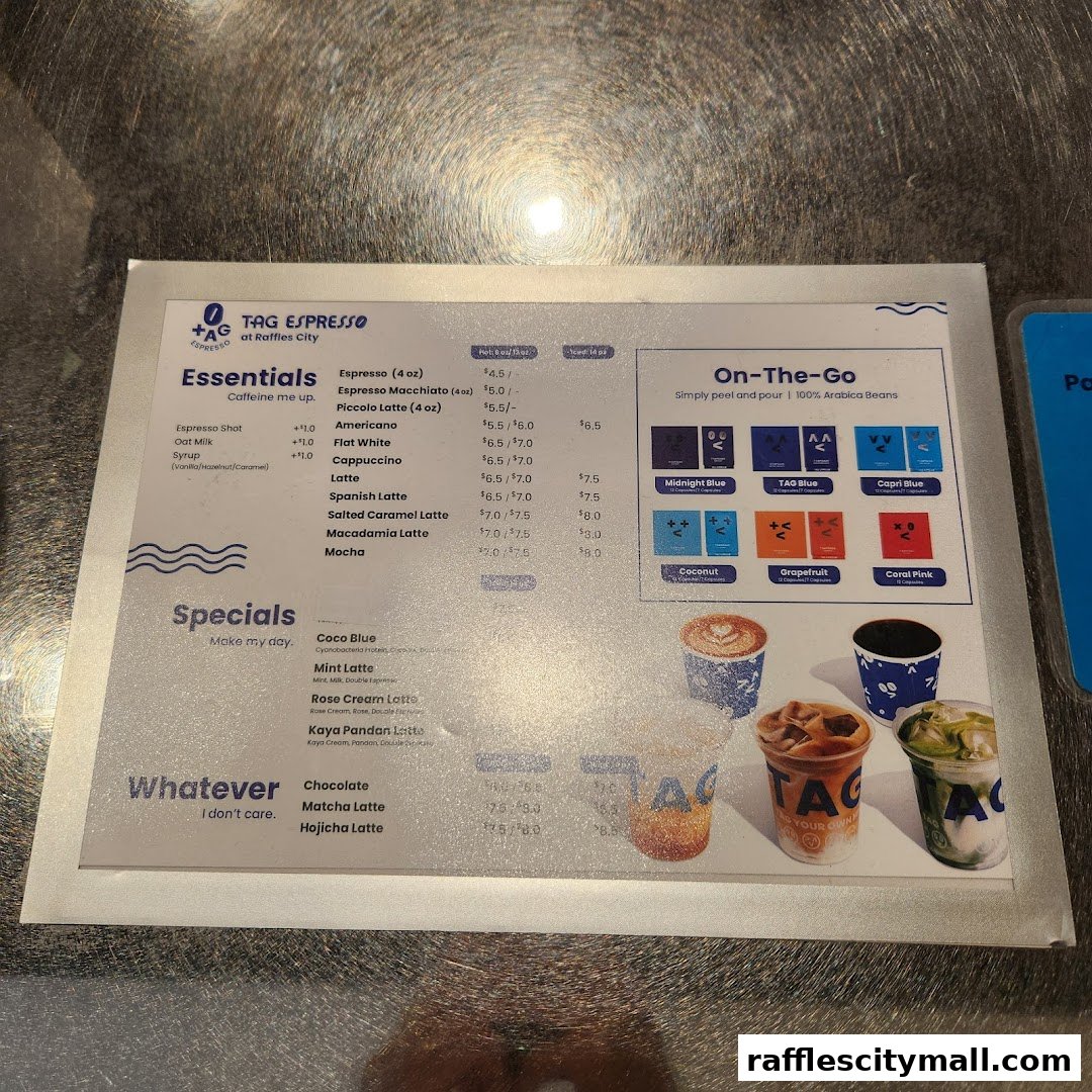 A menu from TAG Espresso at Raffles City, featuring coffee drinks and specials.