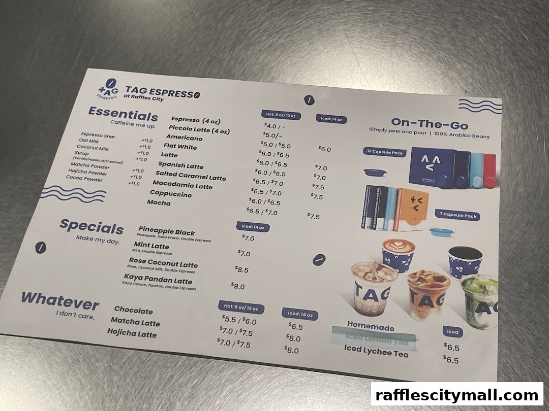 A menu from TAG Espresso at Raffles City, featuring various coffee drinks and specials.