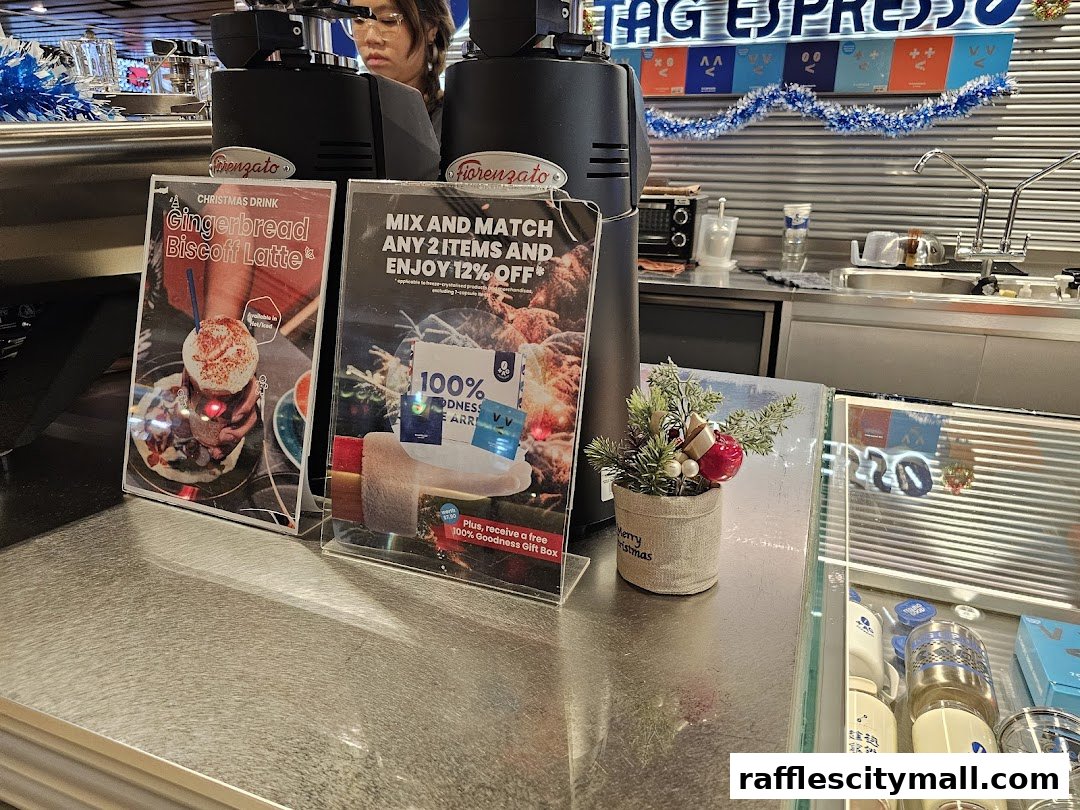 A counter display at TAG Espresso featuring a Christmas drink and a mix-and-match offer.