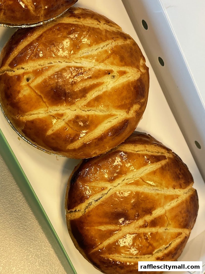 Close-up of two golden-brown baked pies with a lattice crust in a white box.