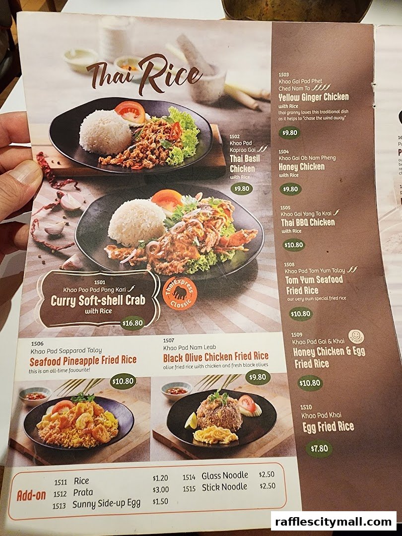 A menu from Thai Express showcasing various rice dishes with enticing descriptions and prices.